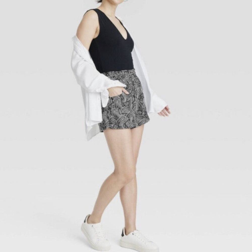 A New Day High Rise Linen Blend Shorts Black White Swirl Print Sz XL